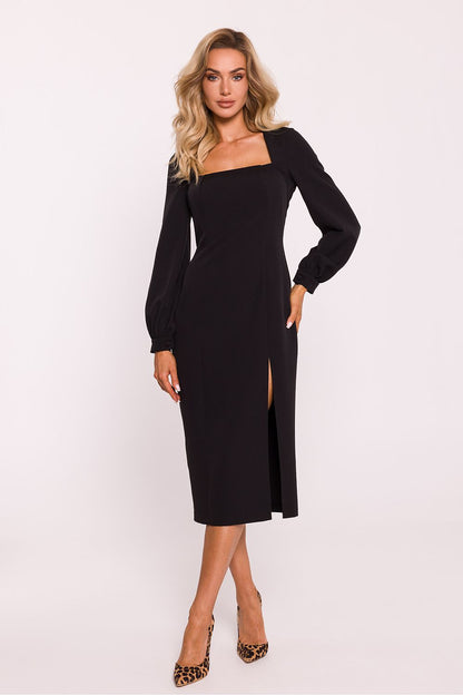 Entire view of the elegant crimson midi dress by Moe on a model, illustrating the flattering silhouette and versatile style for various occasions.