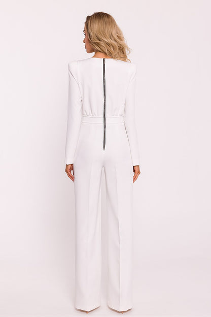 Sophisticated Moe women's jumpsuit with a tailored fit and luxurious fabric, highlighted by striking padded shoulders.