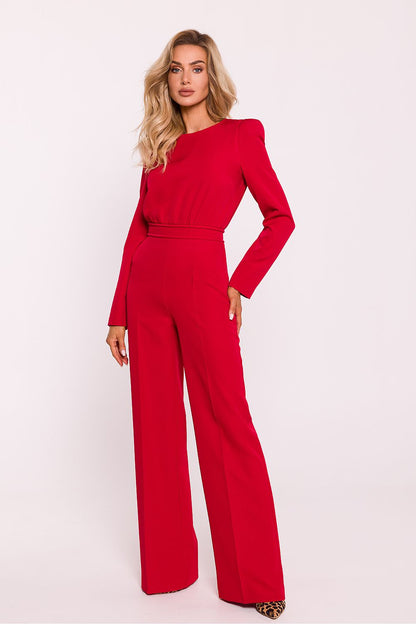 Front view of Moe's elegant women's jumpsuit, showcasing its contemporary design and padded shoulder detailing.