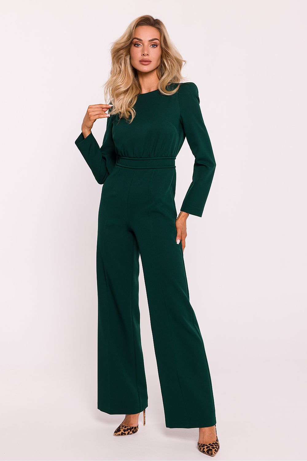 Contemporary women's jumpsuit by Moe showcasing long sleeves and a flattering silhouette with slightly widened legs, perfect for sophisticated occasions.
