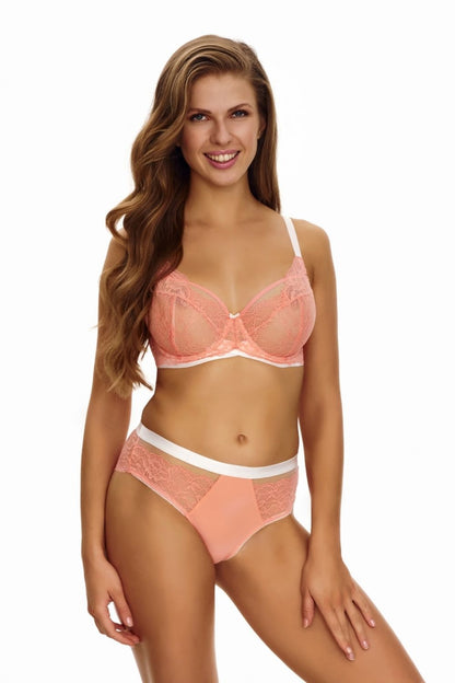 Luxurious peach lace and mesh underwired soft bra for larger breasts by Lupo Line, showcasing intricate detailing and elegant design.