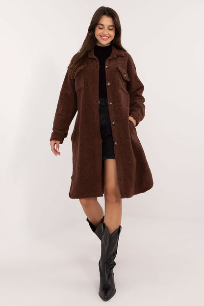 Luxury Italian Moda Women's Long Sleeve Boucle Shirt showcasing a classic collar and patch pockets, ideal for elegant yet casual styling.