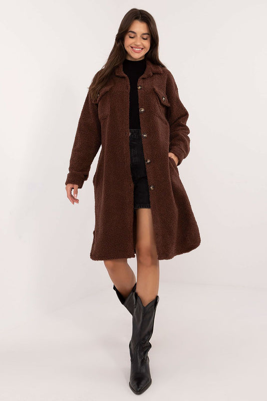 Luxury Italian Moda Women's Long Sleeve Boucle Shirt showcasing a classic collar and patch pockets, ideal for elegant yet casual styling.