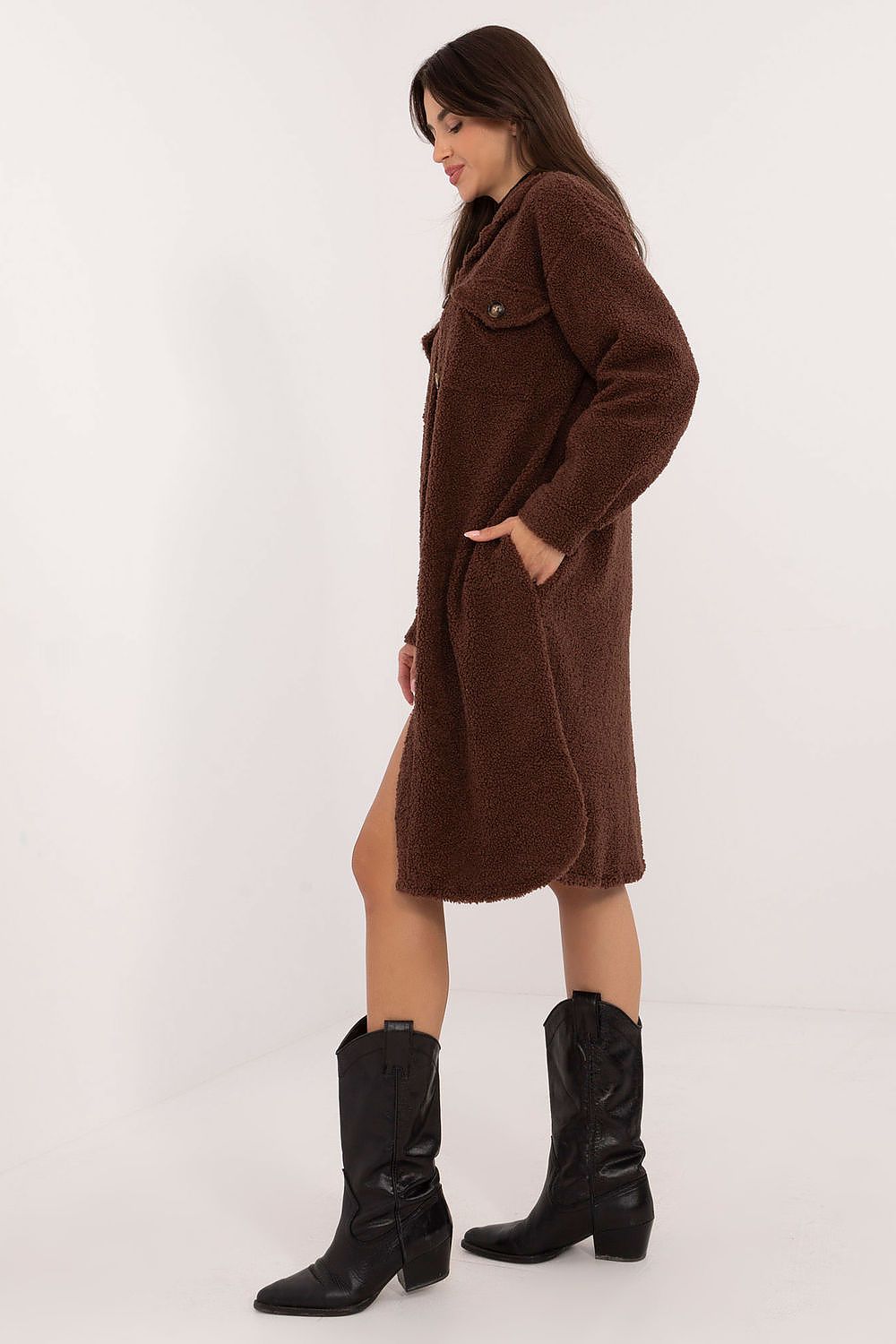 Close-up view of Italian Moda Women's Boucle Shirt fabric, highlighting the unique variegated texture for a sophisticated look.