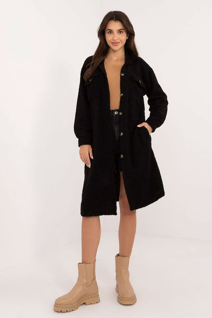 Italian Moda women's long sleeve boucle shirt featuring classic collar and patch pockets, elegant texture for casual styling.