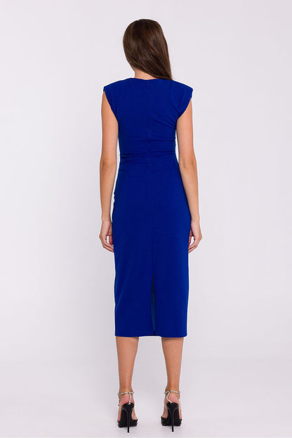 Elegant sleeveless midi tube dress with shoulder pads and side pleats by Stylove, capturing modern minimalism and sophisticated style, perfect for chic occasions.
