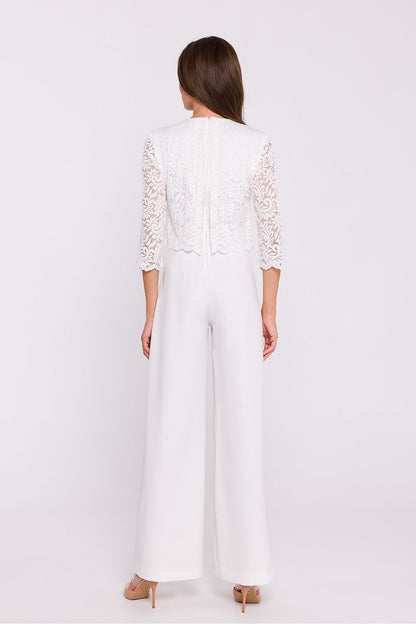 Close-up of Stylove's sophisticated lace and fabric detailing in the elegant jumpsuit, ideal attire for glamorous occasions.