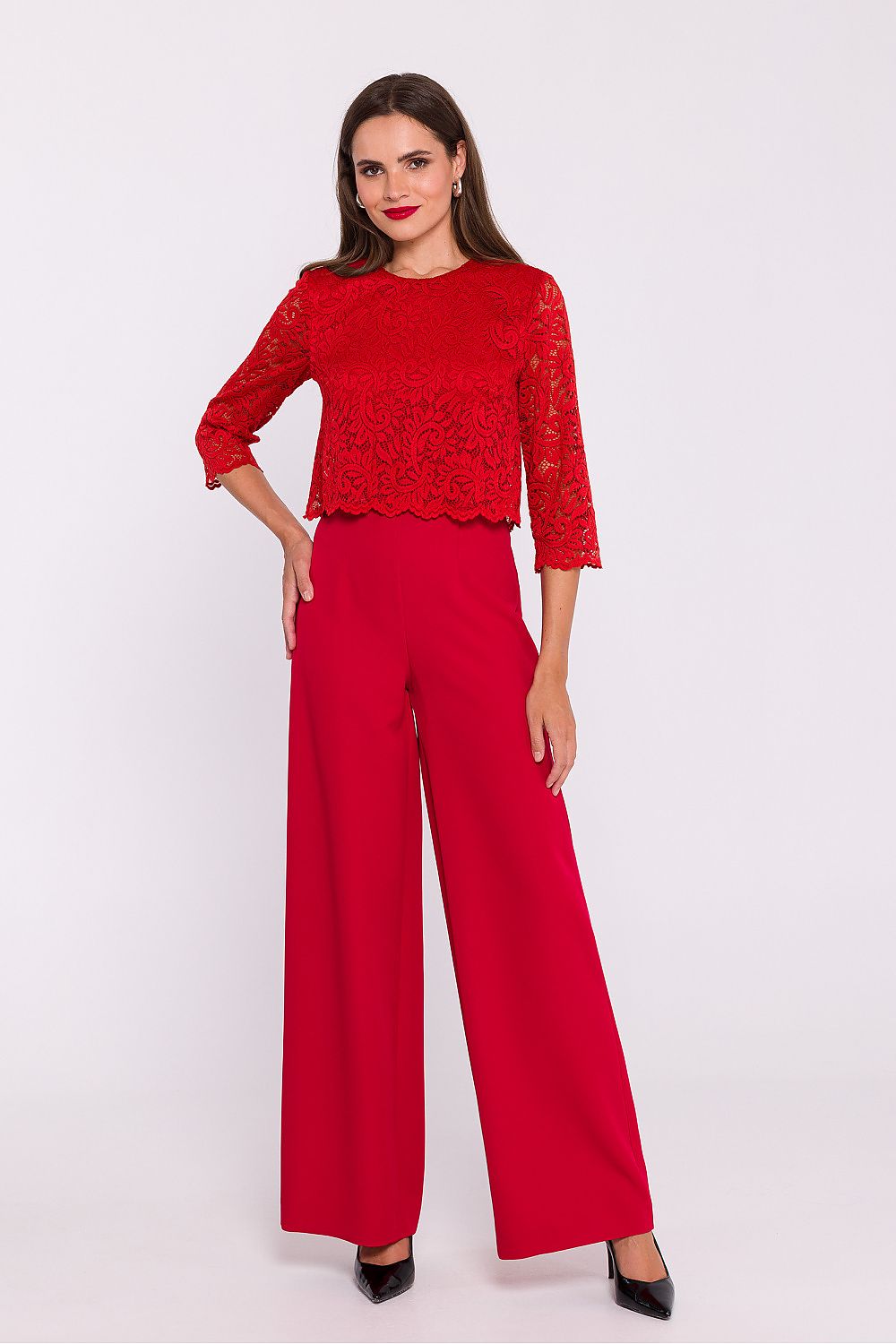 Stylove Elegant Lace Jumpsuit in chic design featuring delicate lace top and wide legs, perfect for special occasions.