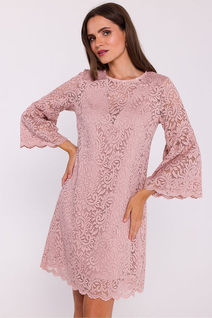 Stylove Elegant Double Layer Trapeze Dress showcasing intricate lace overlay and frilled elbow-length sleeves, perfect for special occasions.