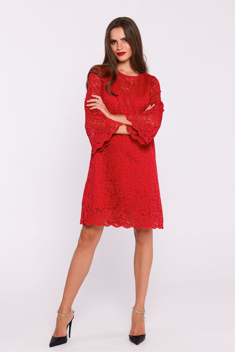 Stylove elegant double layer trapeze dress in lace overlay featuring frilled elbow-length sleeves, designed for a sophisticated and stylish look.