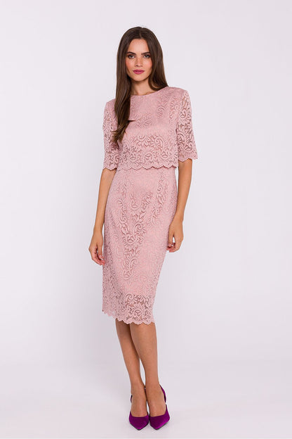 Stylove below-the-knee pencil dress with a graceful lace outer layer, perfect for creating a sophisticated look at formal events.