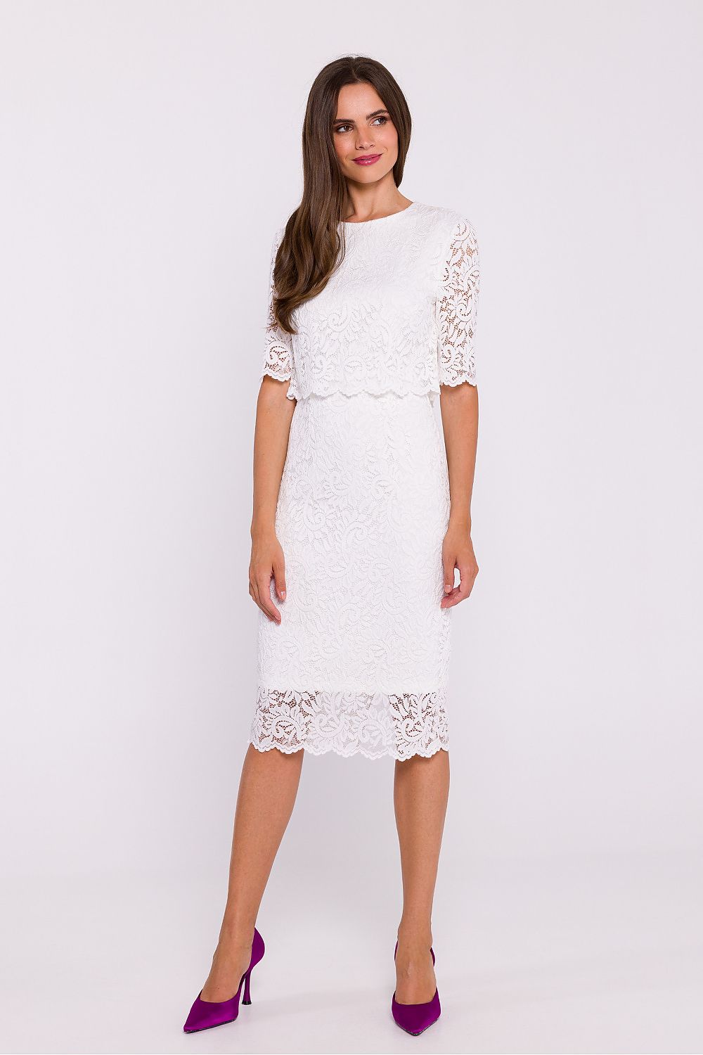 Sophisticated Stylove below-knee dress with short lace sleeves, designed for those seeking timeless elegance and classy design.