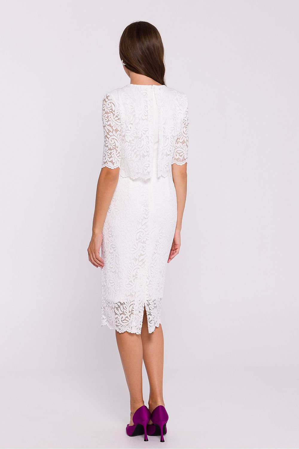 Stylish Elegant Stylove Pencil Dress showcasing a delicate lace overlay, perfect for formal occasions.