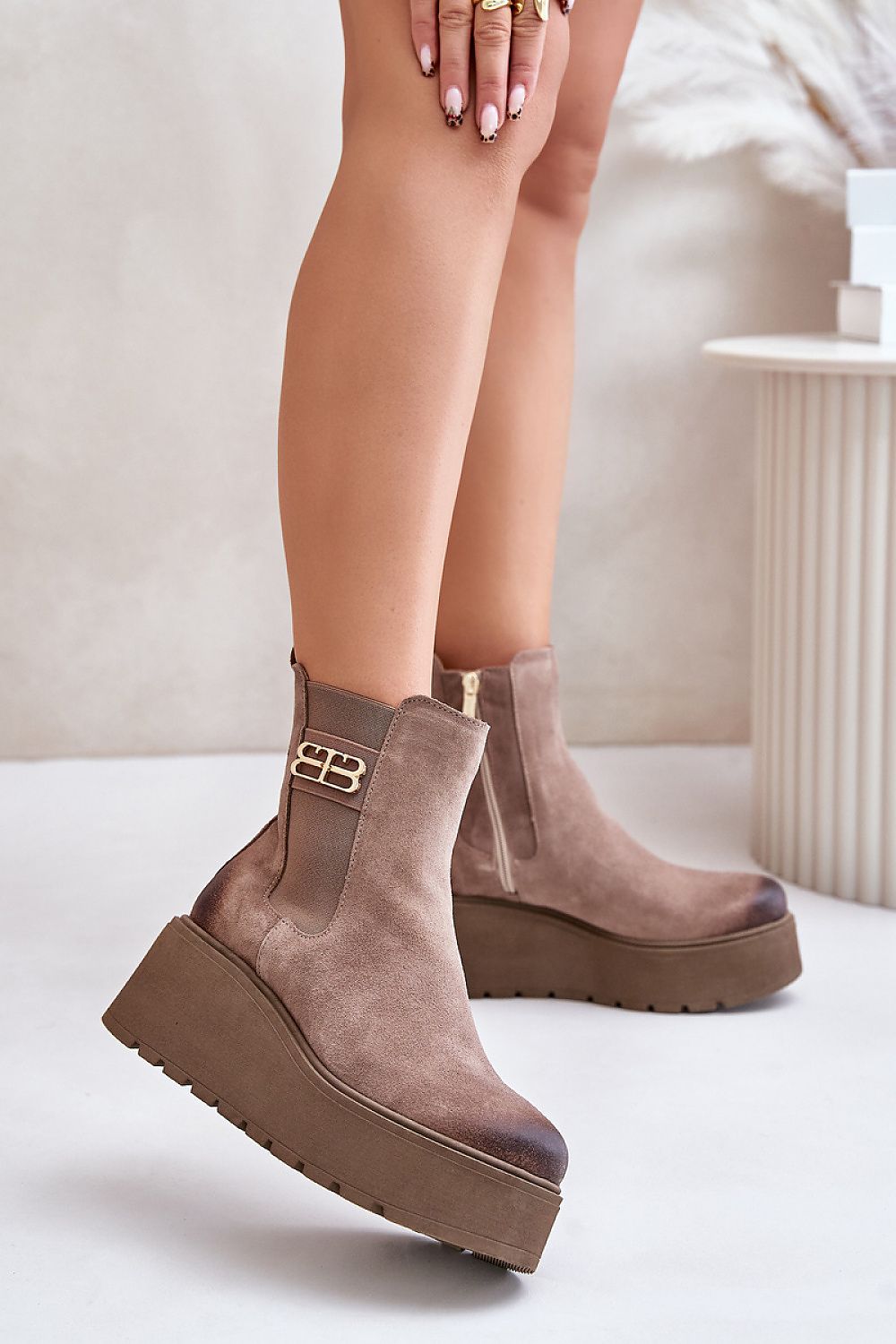 Luxury women's natural suede buskin boots from Step in Style, featuring felt insulation for warmth, a 6.5cm heel height, and elegant design for colder days.