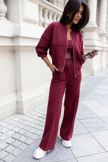 Model wearing the luxury Misty Two-Piece Cotton Sweatshirt Set in stylish setting, designed by IVON.