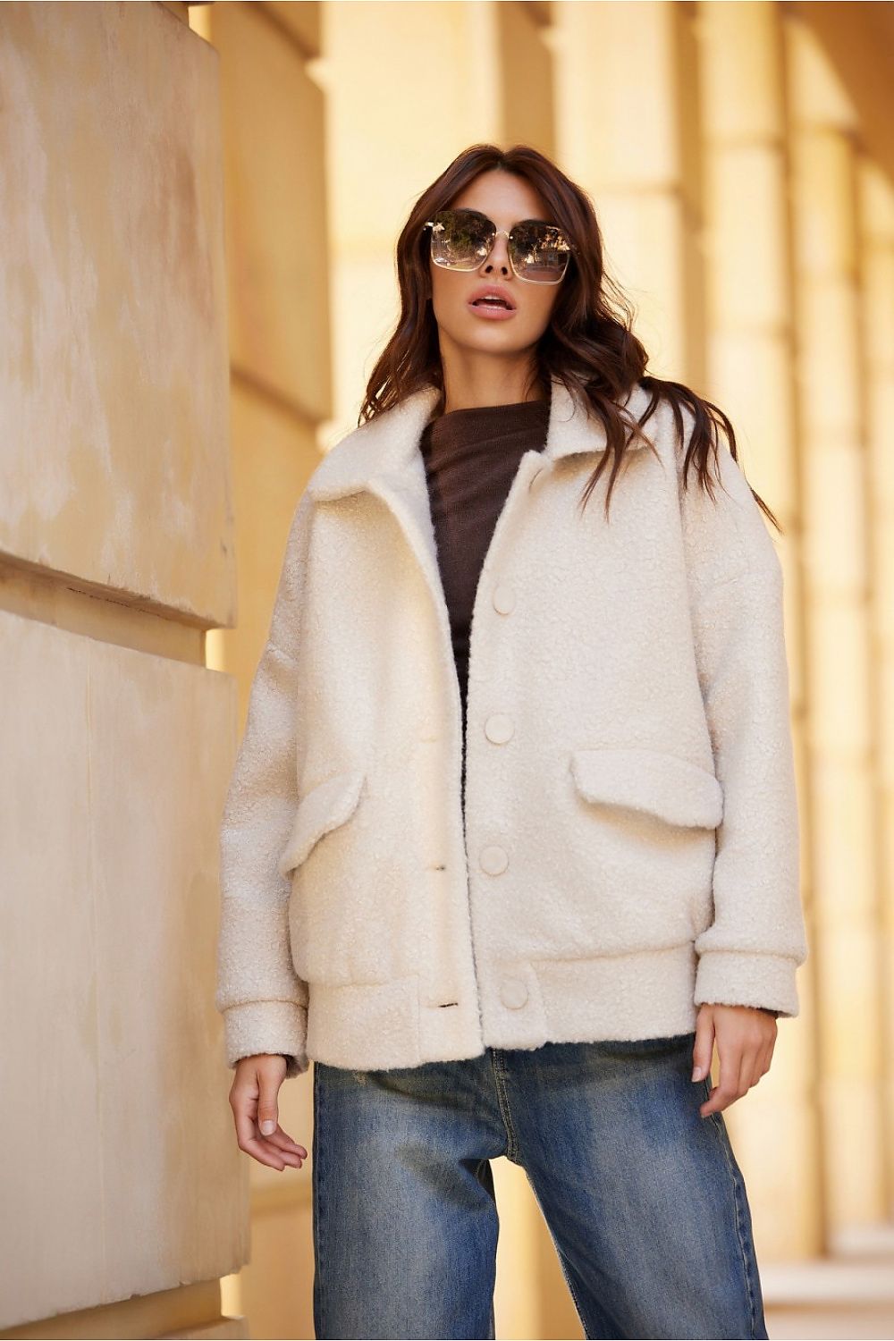 Ivon Quilted Sheepskin Jacket by Roco Fashion featuring an elegant collar and spacious flap pockets, perfect for stylish autumn outings.