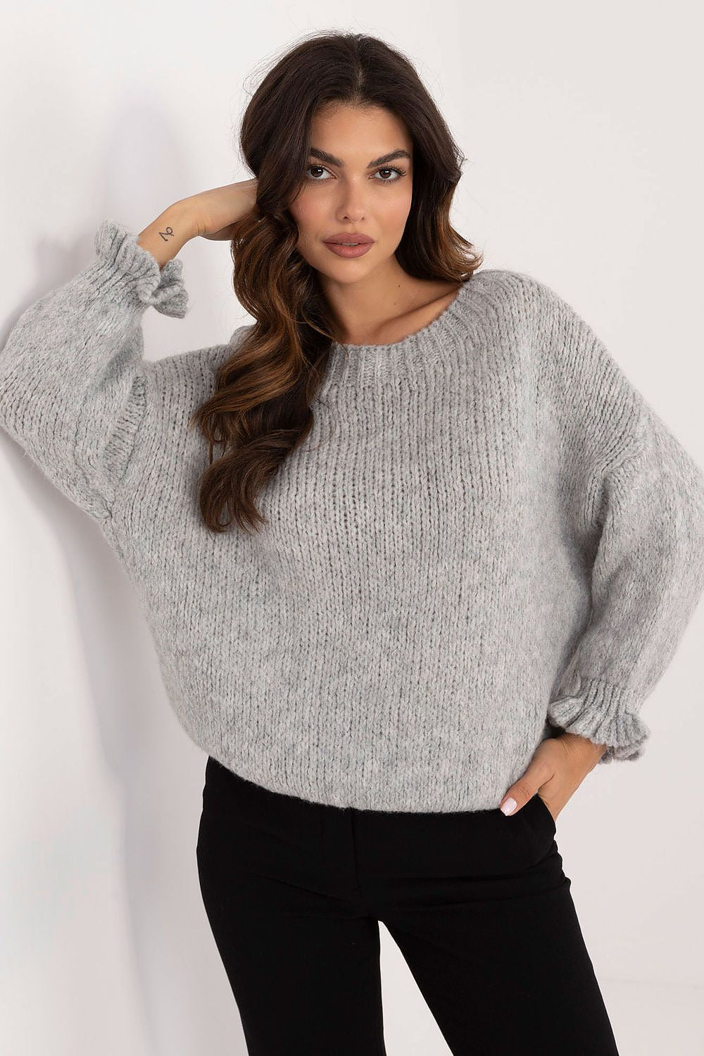 Luxury Italy Moda women's casual sweater featuring ruffled sleeves and a classic round neckline, perfect for stylish everyday wear.