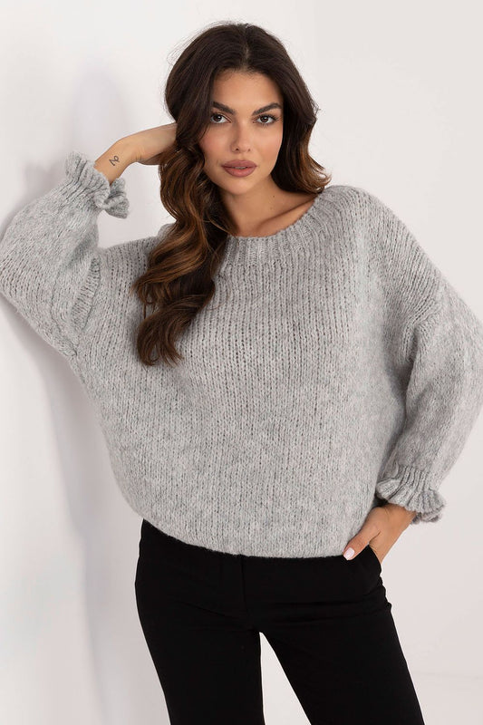 Luxury Italy Moda women's casual sweater featuring ruffled sleeves and a classic round neckline, perfect for stylish everyday wear.
