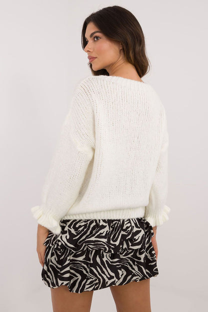 Trendy Italy Moda casual ruffled sleeve sweater made from a premium blend of acrylic, wool, viscose, and polyamide for comfort and elegance.