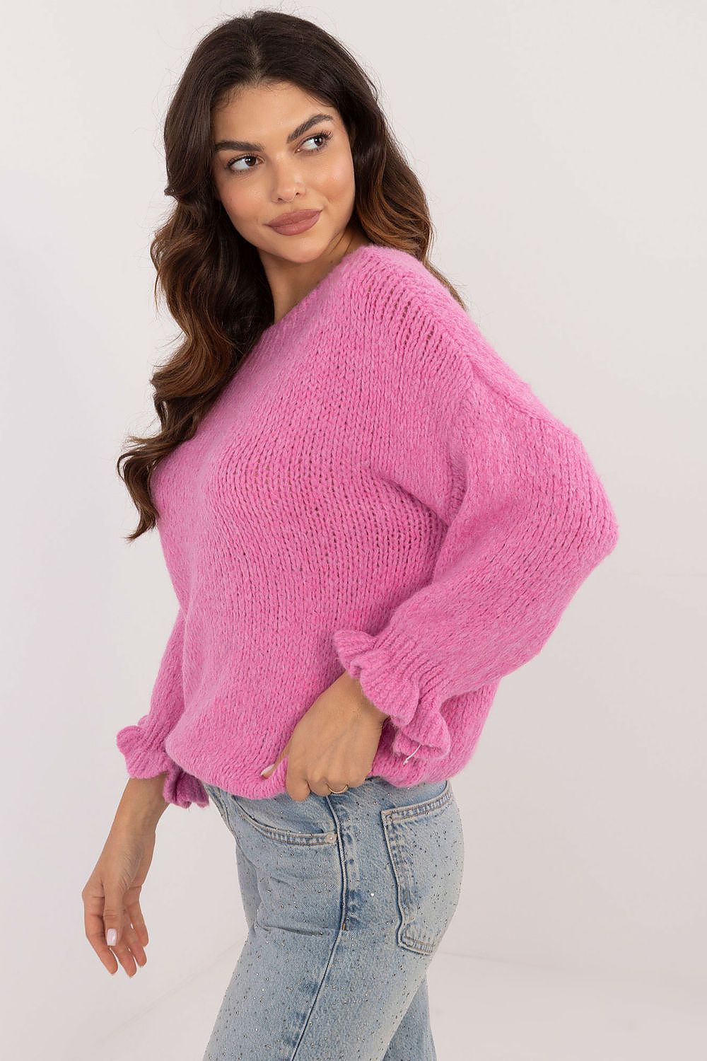 Elegant Italy Moda women's sweater designed with long sleeves and stylish ruffle details, ideal for both casual and formal occasions.