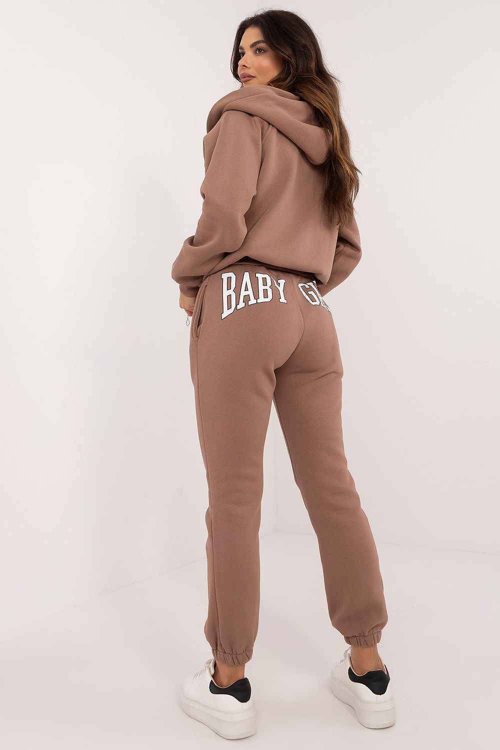 Trendy high-rise trousers from the Women's Casual Sporty Sweatshirt Set by Factory Price, showcasing ribbed cuffs and a melange pattern for sophisticated everyday style.