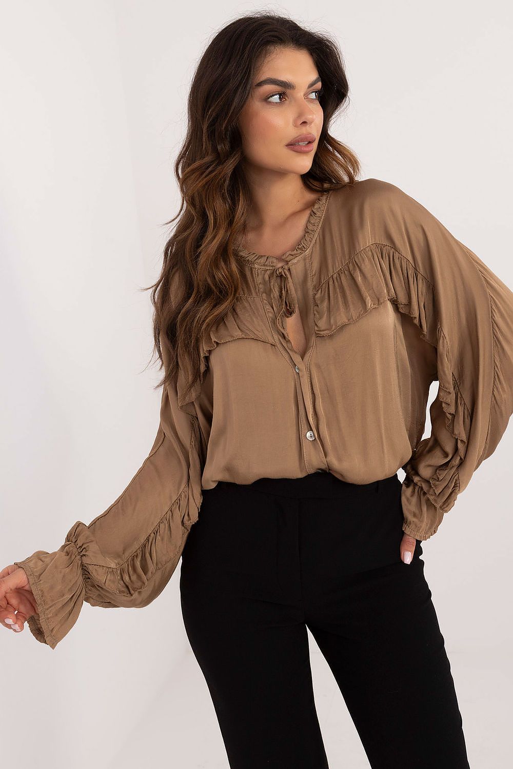 Elegant Och Bella long sleeve viscose shirt with ruffle detailing, showcasing a romantic neckline and unique design for sophisticated women's fashion.