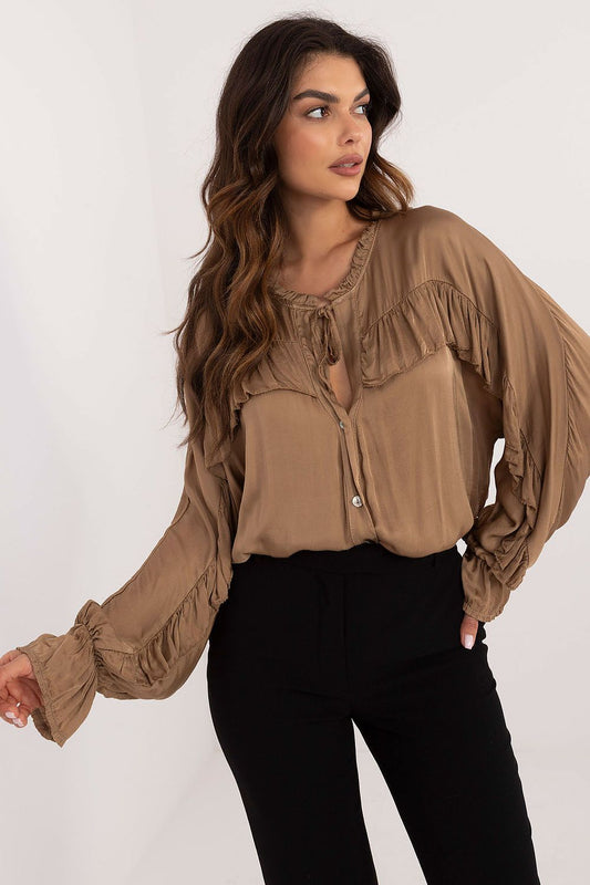 Elegant Och Bella long sleeve viscose shirt with ruffle detailing, showcasing a romantic neckline and unique design for sophisticated women's fashion.