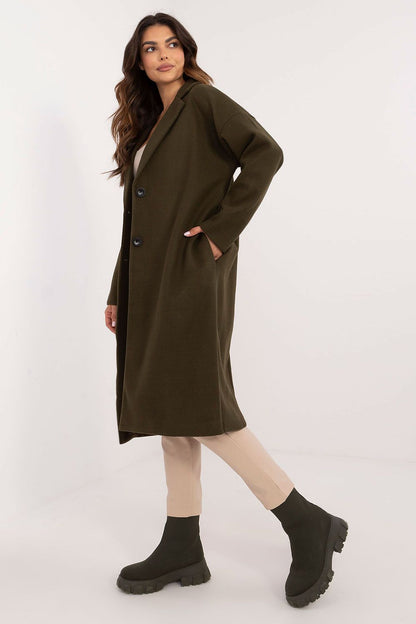 Detail view of the Och Bella Women's Over-The-Knee Coat, highlighting the smooth polyester fabric and elegant design suitable for formal occasions.