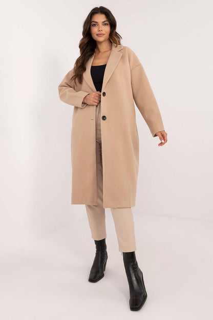 Chic illustration of the Och Bella Women's Over-The-Knee Coat displayed on a mannequin, demonstrating its flattering silhouette and over-the-knee length.