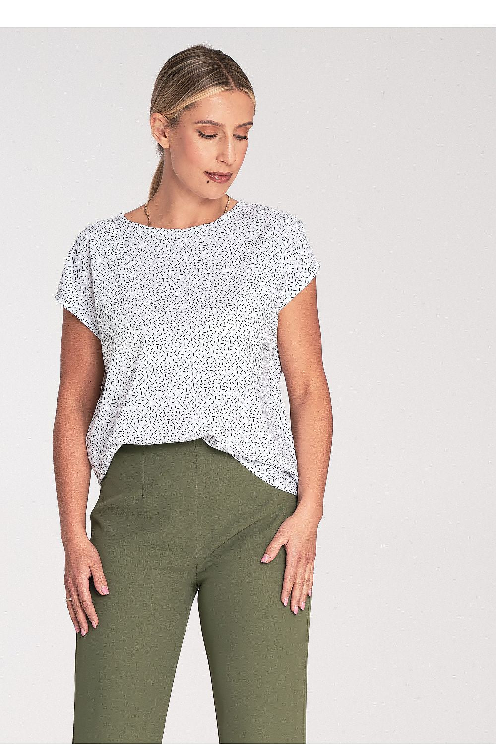 Figl Elegant Short Sleeve Blouse featuring a sophisticated round neckline and stylish back clasp, perfect for chic comfort in sizes S to XL.