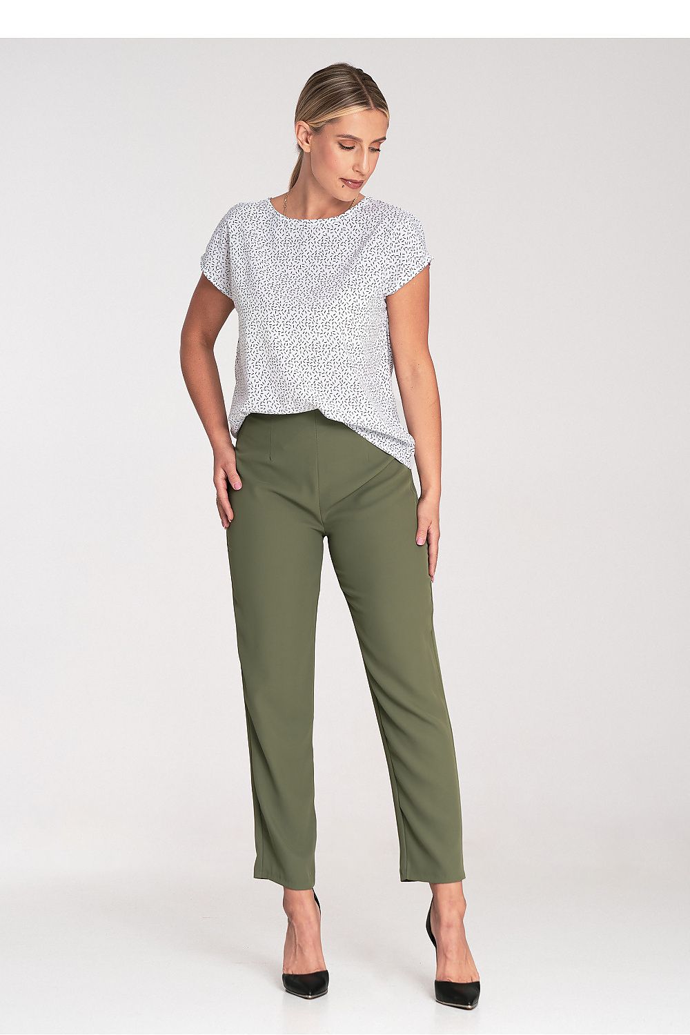 Figl Elegant Short Sleeve Blouse showcasing a round neckline and back clasp, crafted for luxurious comfort and style, available in sizes S to XL.