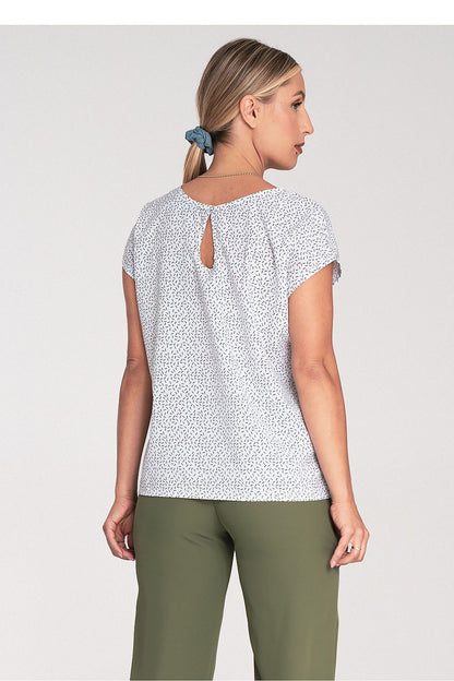 Close-up view of Figl Elegant Short Sleeve Blouse highlighting the soft fabric texture and sophisticated design elements, ideal for an elegant look.