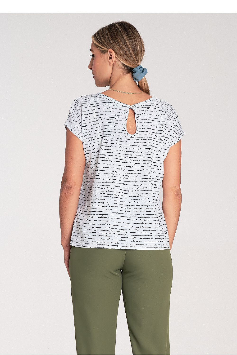 Front view of Figl Elegant Short Sleeve Blouse illustrating the classic round neckline and fashionable short sleeves, a staple for elegant wardrobes.