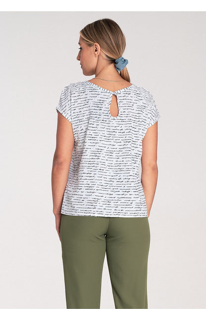 Front view of Figl Elegant Short Sleeve Blouse illustrating the classic round neckline and fashionable short sleeves, a staple for elegant wardrobes.