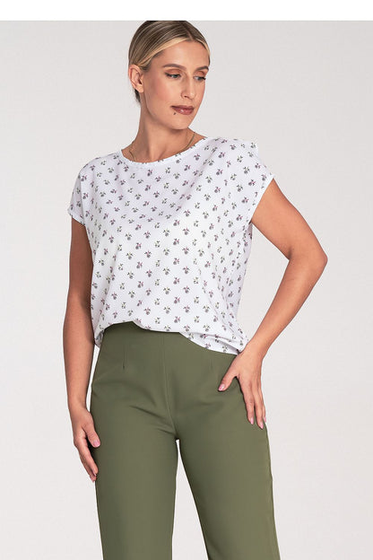Figl elegant short sleeve blouse featuring a round neckline and back clasp, perfect for a luxurious casual look.