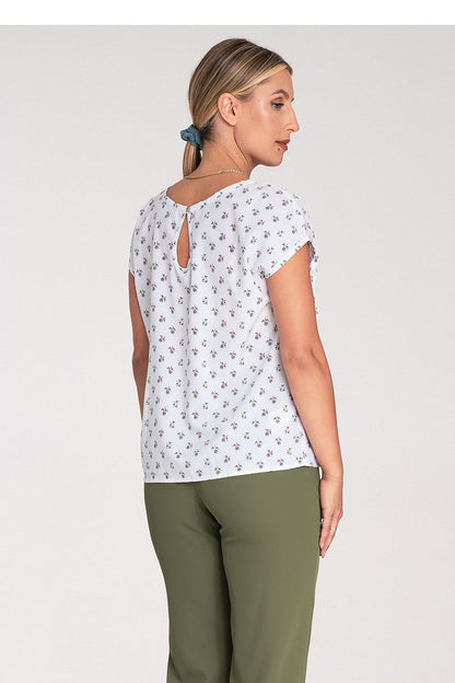 Luxurious Figl blouse with short sleeves and a chic back clasp, available in multiple sizes for a fashionable wardrobe.