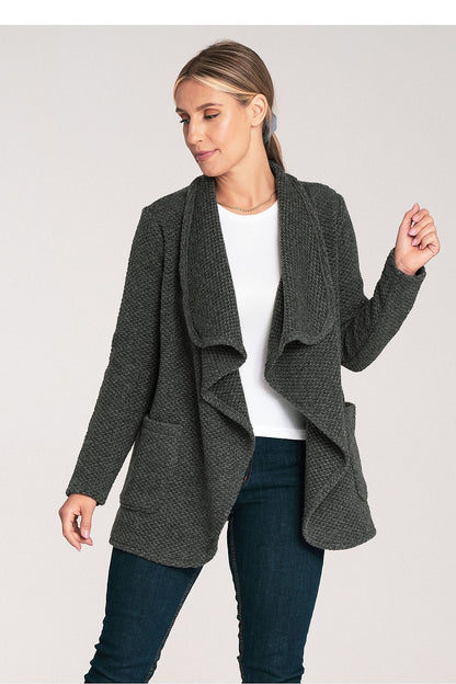 Figl Elegant Structured Knit Wool Blend Cardigan showcasing a luxurious loose fit with slip-in pockets, designed for style and comfort.