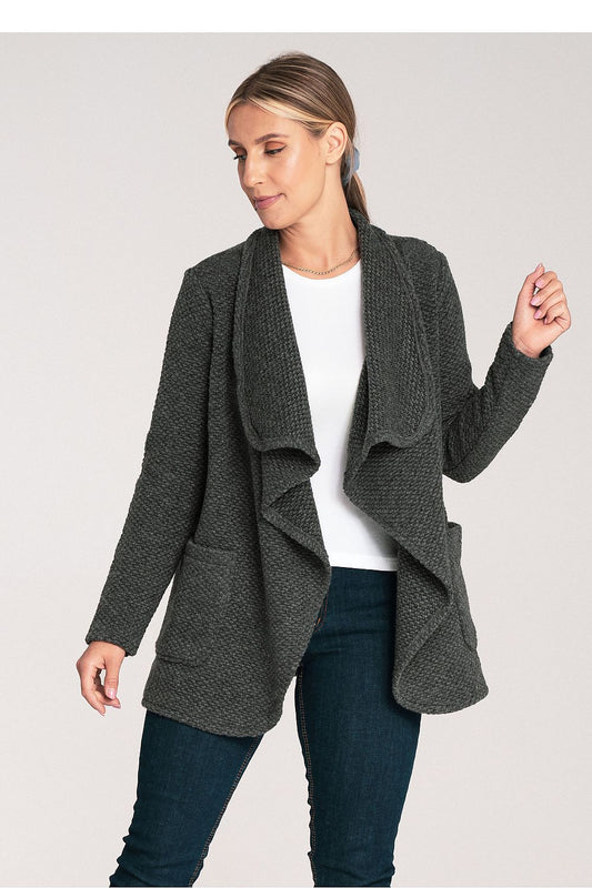 Figl Elegant Structured Knit Wool Blend Cardigan showcasing a luxurious loose fit with slip-in pockets, designed for style and comfort.