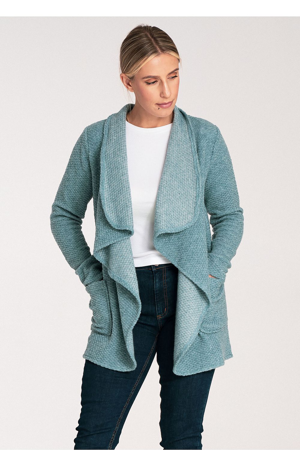 Sophisticated look of a Figl unbuttoned cardigan showcasing structured knit design and plush wool blend.