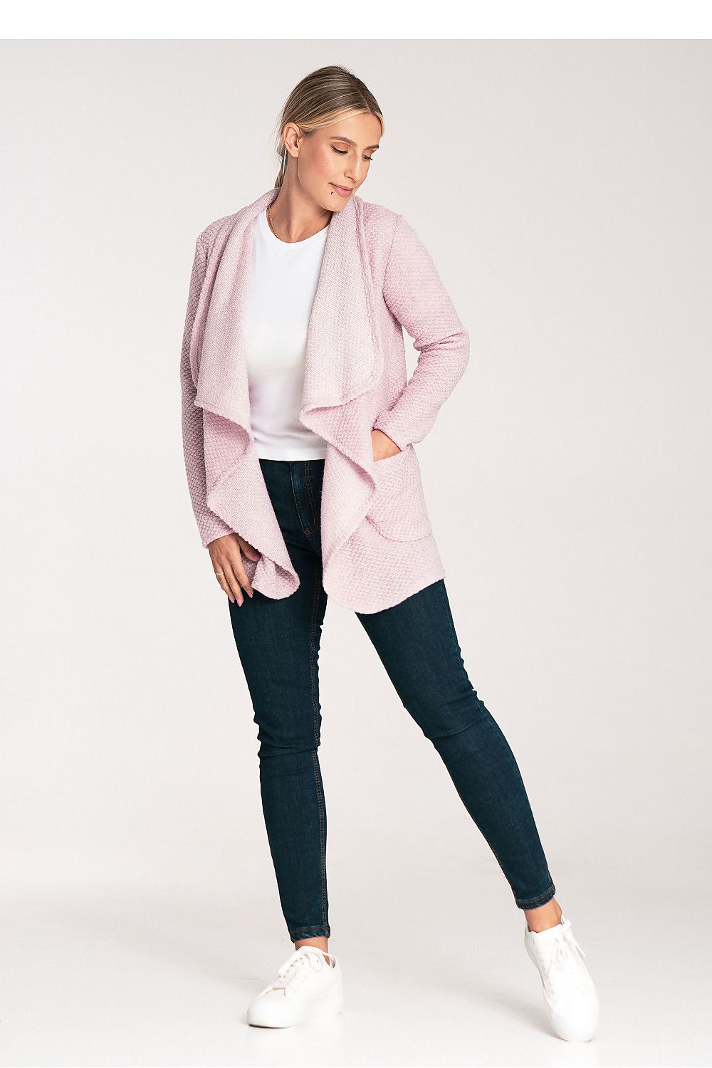 Luxurious Figl structured knit cardigan in a stylish unbuttoned loose fit, featuring elegant lined collar and practical slip-in pockets for effortless sophistication.