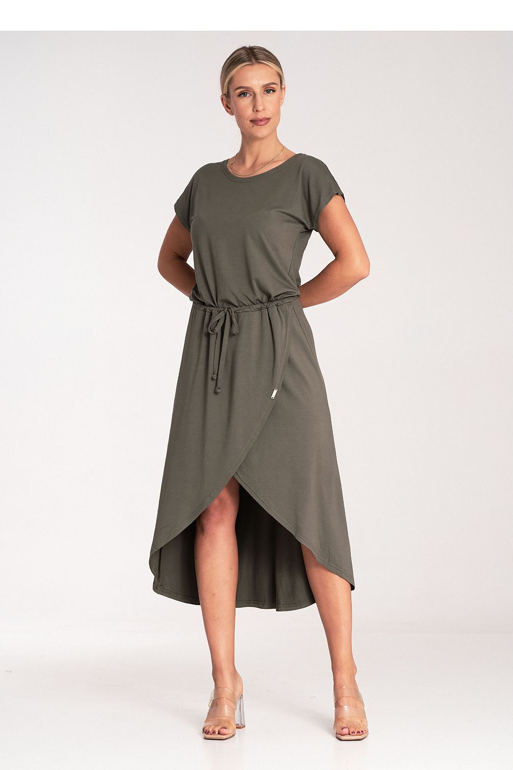 Figl Asymmetrical Day Dress featuring an elegant overlapping neckline and waist tie, perfect for stylish occasions.
