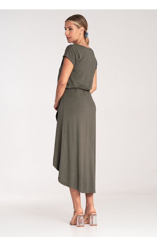 Side view of Figl Asymmetrical Day Dress showcasing its unique design and luxurious fabric.