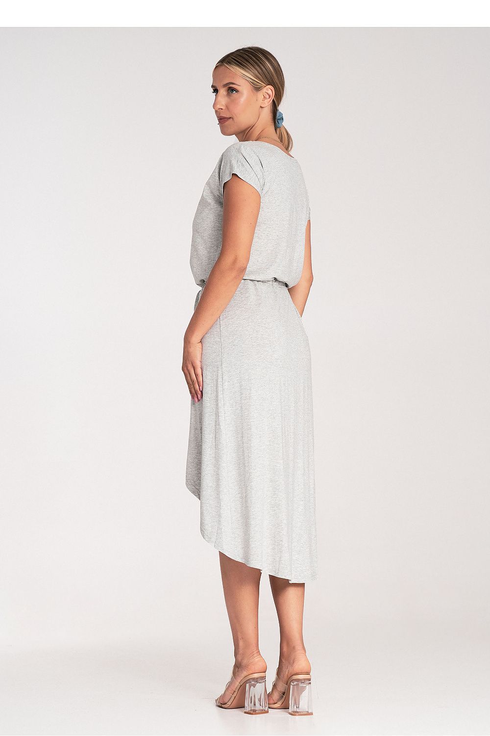 Rear view of Figl Asymmetrical Day Dress, emphasizing the dress's stylish silhouette and elegant fit.