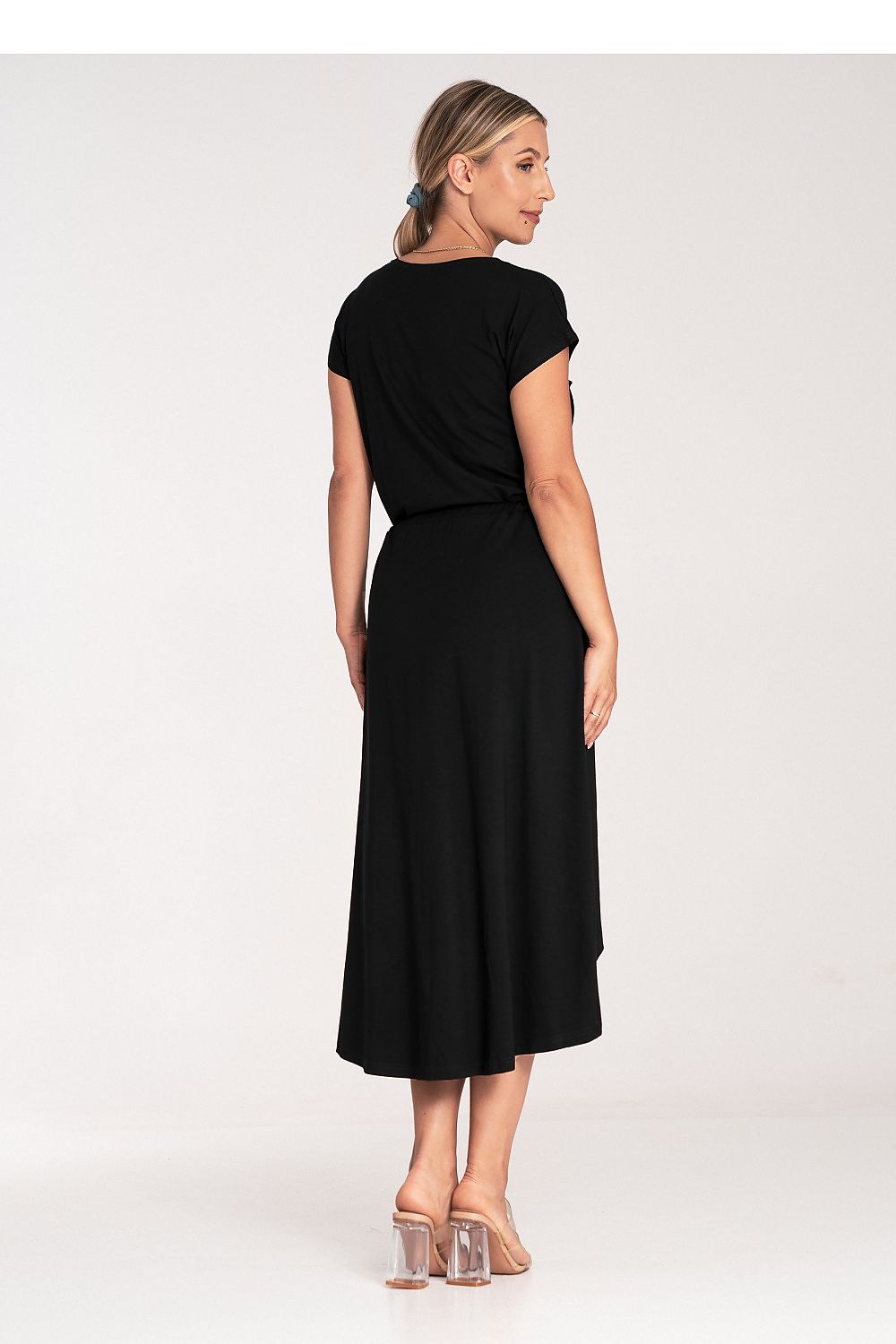 Figl elegant asymmetrical day dress featuring a sophisticated overlapping neckline and waist tie for a stylish silhouette.