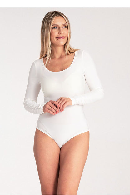 Luxury long sleeve shapewear bodysuit with boat neckline by Figl, showcasing elegant design and perfect fit.