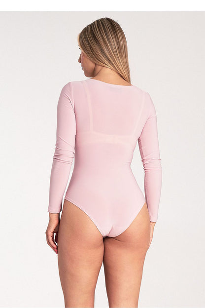 Model wearing Figl luxury long sleeve bodysuit with boat neckline, demonstrating the perfect fit and style for modern fashions.