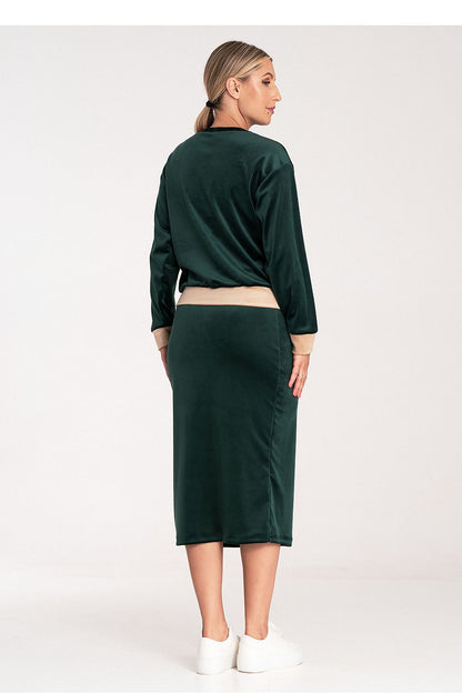 Elegant Ladies' Velour Set by Figl featuring a two-colour long sleeve blouse and a chic pencil skirt with a side slit, perfect for sophisticated style.