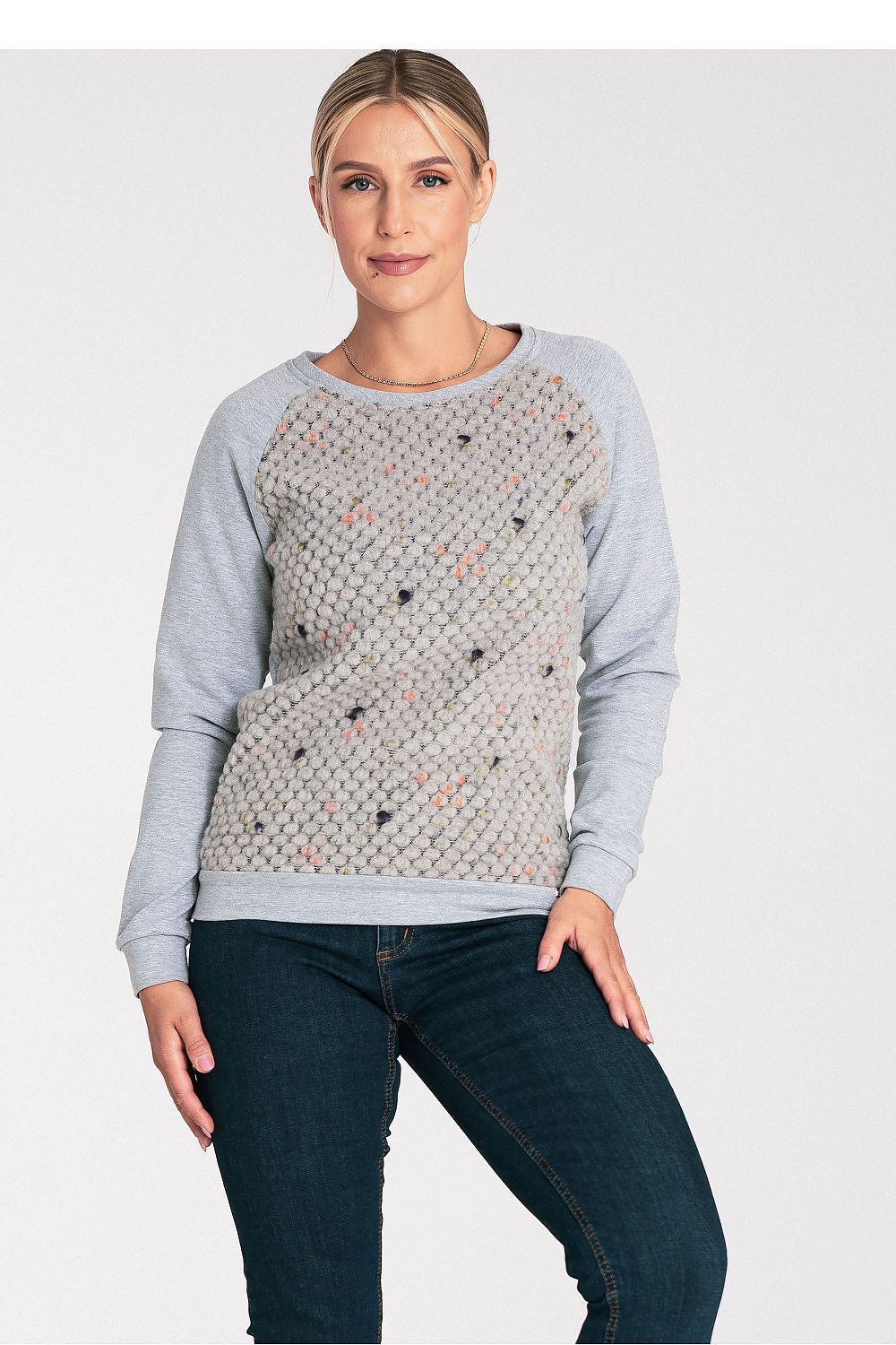 Elegant Figl luxury cotton blouse featuring a wool effect insert, showcasing long sleeves and a round neckline.