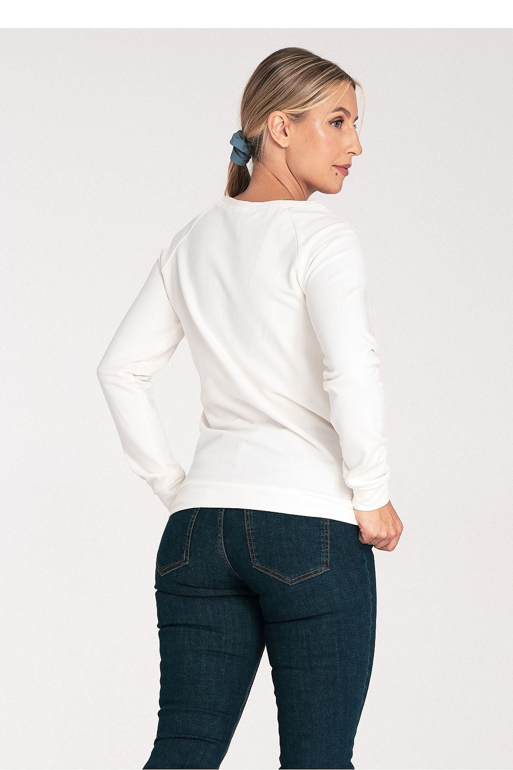 Chic Figl luxury cotton blouse with exquisite wool effect detail, showcasing a timeless round neckline and long sleeves.