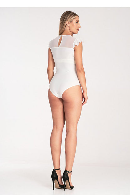 Sleek and fashionable luxury bodysuit by Figl, with short frilled sleeves and a chic transparent mesh neckline.